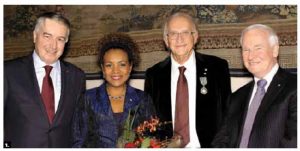 French Ambassador Philippe Zeller, far left, awarded l’Ordre des Arts et des Lettres to Jean Daniel Lafond, second from right. Also shown are former governor general Michaëlle Jean and Governor General David Johnston. (Photo: Lois Siegel)