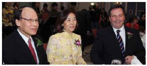 To mark Taiwan Night, Representative Chih-Kung Liu and his wife, Huey-Pyng Liu, hosted a reception at the Château Laurier. They are shown with Employment Minister Jason Kenney, right. (Photo: Sam Garcia)