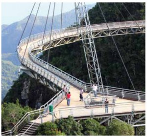 Reachable by thrilling cable car ride, Langkawi's curved suspension sky bridge provides great views of Langkawi Island, Malaysia.