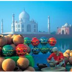 The renowned Taj Mahal in Agra, 200 kilometres southwest of Delhi, sits majestically behind an array of Indian handicrafts.