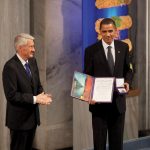 Nobel Committee Chairman Thorbjorn Jagland presents President Barack Obama with the Nobel Prize medal and diploma during the Nobel Peace Prize ceremony at Oslo City Hall in Oslo, Norway, Dec. 10, 2009. Mr. Obama was nominated for the prize just weeks after taking office, based on a series of speeches he had made on diplomacy.