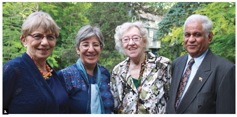 Sima Samar, chairwoman of the Afghan Independent Human Rights Commission, attended a garden party fundraiser for CFUW University Women Helping Afghan. From left, Charlotte Rigby, president, CFUW Ottawa Chapter; Ms Samar; Flora MacDonald, former minister of external affairs; and Afghan Ambassador Sham Lall Bathija. (Photo: Ulle Baum)