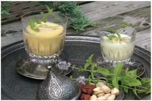 Two versions of traditional Pakistani lassi — one with mango, one with honey. 