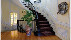 The staircases in the home are panelled with blue and white hand-painted motifs of grapes and flowers. They are restored and repaired by artists whenever required.