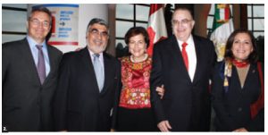 At Mexico’s national day, from left: Colombian Ambassador Nicolas Lloreda; Peruvian Ambassador Jose Antonio Bellina; Mogollon de Suarez, wife of Mexican Ambassador Francisco Suarez; Mr. Suarez and Rosa Garcia Rosell de Bellina, wife of Mr. Bellina. (Photo: Ulle Baum)