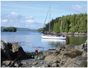 The yacht anchors along Vancouver Island’s wild eastern coastline so its occupants can explore an old Aboriginal settlement area and coastal waters rich in flora and fauna.  