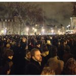 Demonstrators gather at the Place de la République in Paris the night of the Charlie Hebdo attack. Vigils took place across the globe.