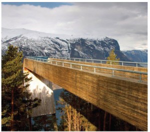 Stegastein Viewpoint overlooks the Aurland Fjord from 650 metres. It was designed by Canadian architect Todd Saunders with Norwegian architect Tommie Wilhelmsen as part of the National Tourist Routes initiative.
