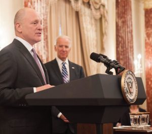 With U.S. Vice-President Joe Biden looking on, Ambassador Heyman delivers remarks at his swearing-in ceremony. (Photo: State Department)