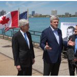From left, Michigan Governor Rick Snyder, Prime Minister Stephen Harper and Murray Howe, Gordie Howe’s son, announced in May that the Detroit River International Crossing will be named the Gordie Howe International Bridge. (Photo: PMO)