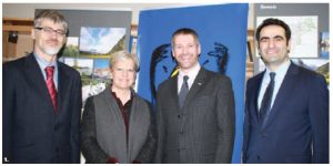 The embassy of Slovenia hosted a reception at the Ottawa Library titled EYE.Thought.Hand by Joze Domjan, one of the leading Slovenian poster designers. From left: Slovenian Ambassador Marjam Cencen, library manager Tony Westenbroek, EU Ambassador Marie Anne Coninsx and Turkish Ambassador Selcuk Unal. (Photo: Ulle Baum)