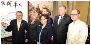 Bruce Linghu, representative of the Taipei Economic and Cultural Office, helped paint the eyes of a ram, a symbol in Chinese brush painting, at Taiwan Night. From left, Linghu, National Revenue Minister Kerry-Lynne Findlay; Alice Wong, minister of state for seniors; MP John Weston, chairman of the Canada-Taiwan parliamentary friendship group; John Duncan, minister of state and chief government whip; and artist Chao Hong Tan. (Photo: Sam Garcia)