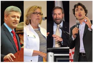 Stephen Harper, Elizabeth May, Thomas Mulcair and Justin Trudeau are concentrating on domestic policy, but each has made some foreign policy promises.  (Photo: PMO/ Green party of Canada/ © Jmweb7 | Dreamstime.com/ © Robseguin | Dreamstime.com)