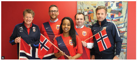 The Norwegian embassy fully supported its Women’s World Cup team. From left, Heidi Støre, director of Women’s football, Jan-Terje Storaas, cultural affairs officer at the embassy, embassy intern Maria Melstveit, first secretary Øystein Bell and Jan Ove Nystuen, who looks after marketing for Norway’s women’s football. (Photo: Jennifer Campbell)
