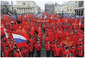 Pro-Putin nationalists march in Moscow in front of the Bolshoi Theatre.