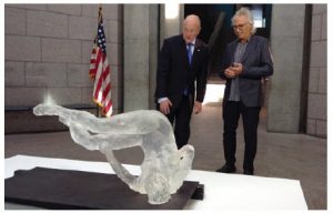 Artist Eric Fischl shows U.S. Ambassador Bruce Heyman his sculpture, Tumbling Woman, which was inspired by the events of 9/11. (Photo: Embassy of the United States)