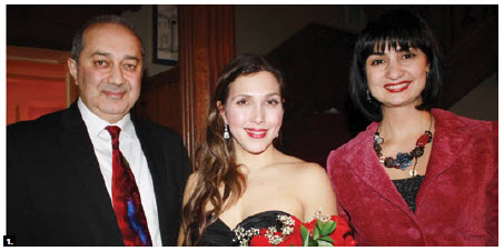 Armenian Ambassador Armen Yeganian, left, and his wife, Maria, right, presented an evening of songs of love at the embassy and featured award-winning Canadian Opera Company soprano Sasha Djihanian, centre, and renowned tenor Eli Berberian. (Photo: Ülle Baum)