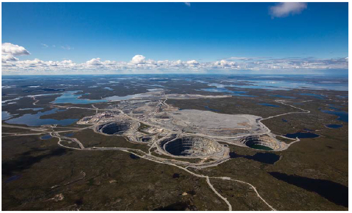 The Ekati diamond mine in the Northwest Territories is one of five diamond mines operating in Canada today. In 1946, Charles Edgar Fipke traced the minerals train 300 kilometres to the Ekati diamond pipe that would establish this mine. (Photo: Dominion Diamond)