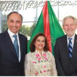 Mahmoud Eboo, the Aga Khan’s resident representative, and his wife, Karima Eboo, hosted a reception in the atrium of their building on Sussex Drive. The Eboos were joined by Senator Peter Harder, right, who spoke at the reception. (Photo: Ülle Baum)