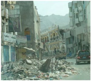 Destroyed houses in the Crater district of Aden, following shelling by retreating al-Houthi fighters.