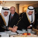 To mark the national day of Saudi Arabia, Ambassador Naif Bin Bandir Alsudairy, right, hosted a reception at his residence. Dr. Abdullah al Rabeeah, special adviser to the King and supervisor general of the King Salman Humanitarian Aid Relief Centre, left, helped cut the cake with Senate Speaker George Furey, centre. (Photo: Ülle Baum)