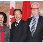 The Chinese Embassy hosted a reception for the Canada-China Friendship Society of Ottawa in celebration of the society's 40th anniversary. The event included dinner and a short film presentation. From left, Luna Yap, founding member CCFSO, Lolan Merklinger, past president, CCFSO; Wang Wentian, China’s chargé d'affaires, Roy Atkinson, co-president of CCFSO, and Lv Yongjiu, wife of the minister-counsellor for culture at the embassy of China. (Photo: by Ülle Baum)