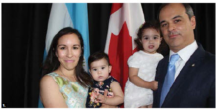 Argentine Ambassador Marcelo Gabriel Suarez Salvia and his wife, Lucia Margarita Borjas de Suarez, hosted an independence day reception at Ottawa City Hall. They are shown with their daughters, Matilde and Catalina. (Photo: Ülle Baum)