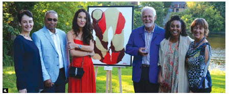 A vernissage featuring several artists took place at the home of former ambassador Gabriel Lessard and his wife, Corinne Paollilo-Lessard. From left, Naira Velumyan, Alexey Klokov’s agent; Madagascar Ambassador Constant Horace; Katia Paccagnini; Lessard; Mona Horace and Paollilo-Lessard. (Photo: Patrick Hollier) 