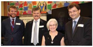 A program to inaugurate the National Holocaust Monument took place at Library and Archives Canada. From left: Mathieu Schuster, political counsellor at the French embassy; Polish Ambassador Andrzej Kurnicki; Mina Cohn, director of the centre for Holocaust education and scholarship at Carleton University’s Zelikovitz Centre for Jewish Studies; and Urs Obrist, from Swiss embassy. (Photo: Ülle Baum) 