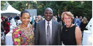 Cameroonian High Commissioner Anu'a Gheyle Solomon Azoh-Mbi and Marilyn Collette, chairwoman of the board of Mercy Ships Canada, hosted a reception to celebrate the arrival of the Africa Mercy, the world’s largest non-governmental hospital ship, to the port of Douala. From left: Mercy Enow Egbe Epse Azoh Mbi, her husband, Anu'a Gheyle Azoh-Mbi, and Collette. (Photo: Ülle Baum)