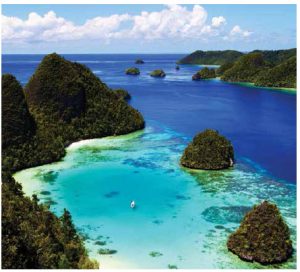 The latest tourist draw for eastern Indonesia is the Raja Ampat in West Papua. Dotted with cones of jungle-covered islands, it is known for its beaches and coral reefs. (Photo: Ministry of Tourism of the Republic of Indonesia)