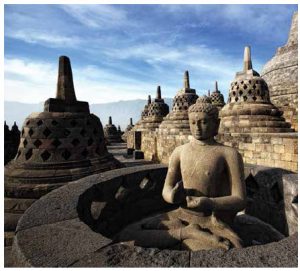 This Buddha statue is one of 72 that sit around the circular platforms of the Borobudur Temple. The temple was built between the 8th and 9th Centuries AD during the Syailendra Dynasty. The Borobudur was listed as a UNESCO World Heritage Site in 1991. (Photo: Ministry of Tourism of the Republic of Indonesia)