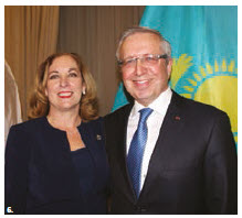 Kazakh Ambassador Konstantin Zhigalov and his wife, Indira Zhigalova, hosted a reception at the Fairmont Château Laurier to mark their country’s independence. The ambassador is shown here with MP Kim Rudd, assistant parliamentary secretary to the minister of natural resources and Zhigalov. (Photo: Ülle Baum) 