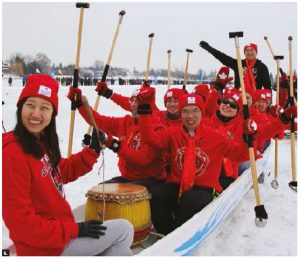 The Chinese Embassy and Global Affairs Canada entered their "Polar panda" team in Winterlude's second annual Ice Dragon Boat race. Chinese Ambassador Shaye Lu (centre right) took part in the competition. (Photo: Ülle Baum)