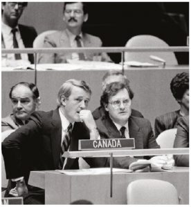 When Brian Mulroney, shown at the United Nations with then-ambassador Stephen Lewis, was prime minister of Canada, he convinced the Commonwealth to impose sanctions against apartheid and securing future South African president Nelson Mandela's release from prison. (Photo: UN)