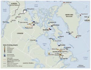 This map shows the location and state of development of Chinese mining projects and supporting infrastructure in Canada's Arctic and North. (Photo: CREATED BY PIerre-louis têtu; editing by geography department, laval university, 2016)