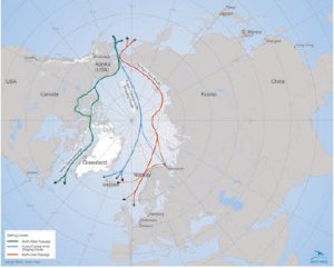The three main Arctic shipping routes: The Northwest Passage, the Northeast Passage and the future Central Arctic Shipping Route. Data from Arctic Marine Shipping Assessment. (Photo: Arctic portal library)