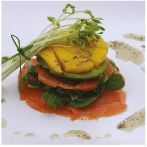 Smoked Salmon Crispy Stacks with Avocado and Mango (Photo: Larry Dickenson)