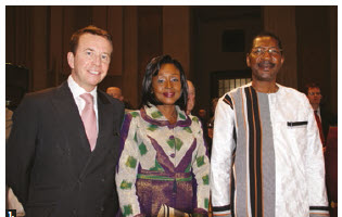 The Parliamentary Centre celebrated its 50th anniversary at the Sir John A. Macdonald building. MP Scott Brison, left, Alassane Bala Sakandé, speaker of the National Assembly of Burkina Faso, and his wife, Sakandé Kabore, centre, attended. (Photo: Ülle Baum)