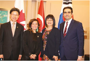 To mark the 65th Anniversary of the Korean War Armistice, the office of Senator Yonah Martin and the Korean and Turkish embassies co-hosted a screening of the film Ayla on Parliament Hill. From left, Korean Ambassador Maengho Shin, film producer Pia Pinar Ercan; Martin and Turkish Ambassador Selcuk Unal attended. (Photo: Ülle Baum)