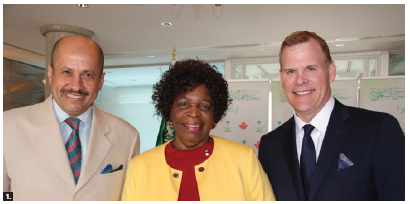 To bid farewell to Zimbabwean Ambassador Florence Zano Chideya, who was dean of the diplomatic corps, Saudi Ambassador Naif Bin Bandir Alsudairy hosted a luncheon at his residence. From left: Alsudairy, Chideya and John Baird, senior adviser at Bennett Jones LLP and former foreign minister. (Photo: Ülle Baum)