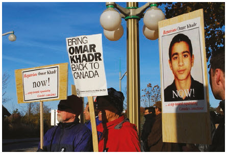 Scott Newark says that the government cutting cheques to child soldiers such as Omar Khadr isn’t the answer. Shown here are protesters calling for his return to Canada in 2008. (Photo: AMNESTY INTERNATIONAL)