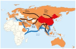 Chinese President Xi Jinping's Belt and Road Initiative is shown here, with the Silk Road corridors in black, the Maritime Silk Road corridors in blue and member countries of the Beijing-based Asian Infrastructure Investment Bank in orange. (Photo: Lommes)