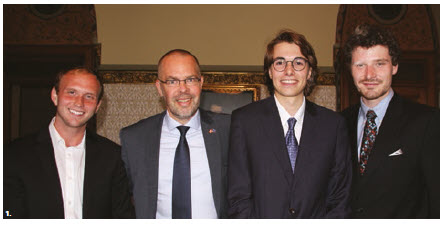 House of Commons Speaker Geoff Regan and EU Ambassador Peteris Ustubs hosted an award ceremony for the EU-Canada Young Journalist Fellowships on Parliament Hill. From left: Winner Andrew Seal, Ustubs, and winners Patrice Senécal and Kyle Greenham. (Photo: Ülle Baum) 