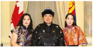 Mongolian Ambassador Yadmaa Ariunbold and his wife, Ayurzana Enkhtuya, left, hosted a reception at the Fairmont Château Laurier to celebrate Mongolia’s 94th anniversary and the 45th anniversary of the establishment of diplomatic relations between Mongolia and Canada. They are shown with their daughter, Burte Setsen Ariunbold. (Photo: Ülle Baum)