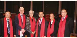 In celebration of Chinese New Year, Ambassador Lu Shaye and his wife, Wang Liwen, hosted a concert at the National Arts Centre. From left: Heng Xiaojun, minister-counsellor at the embassy; Christopher Deacon, president of the NAC; Jayne Watson, CEO of the National Arts Centre Foundation; Shaye; Zhang Gaoxiang, director of the China Broadcasting Performing Arts Troupe; and Zhao Haisheng, minister-counsellor at the embassy. (Photo: Ülle Baum)