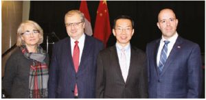 The Chinese Embassy and Carleton University co-hosted the Belt and Road Initiative (BRI) Conference at Carleton University. From left: German Ambassador Sabine Sparwasser, Russian Ambassador Alexander Darchiev, Chinese Ambassador Lu Shaye and Carleton University President Benoit-Antoine Bacon. The day-long event brought together experts, diplomats and business people. (Photo: Ülle Baum)