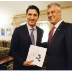 Kosovar President Hashim Thaci met with Prime Minister Justin Trudeau during a visit in 2017. To thank Canada for its solidarity, Thaci presented Trudeau with Sure Shore, which highlights success stories of former Kosovo refugees warmly welcomed by Canada in 1999. (Photo: EMBASSY OF KOSOVO)