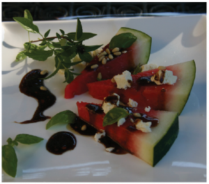 Watermelon Salad with Sesame Balsamic Sauce can be an appetizer or part of a fruit plate at breakfast. (Photo: Larry Dickenson)