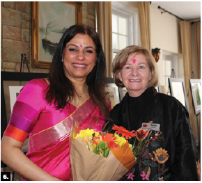 A talk and tour of art by Aparna Swarup, wife of the Indian high commissioner, for 40 members of the International Club of Ottawa (ICO), took place at India House. Shown are Swarup and Marian Devine, chairwoman of the arts and heritage committee. (Photo: Ülle Baum)